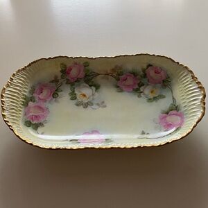 Antique hand painted floral ceramic serving dish. Vintage serving platter